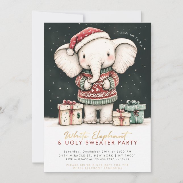 Weißer Elefant Ugly Sweater Party Einladung (Vorderseite)