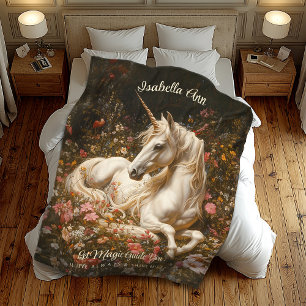 Weißer Fantasy-Wald Unicorn Verweilen in den Blume Fleecedecke