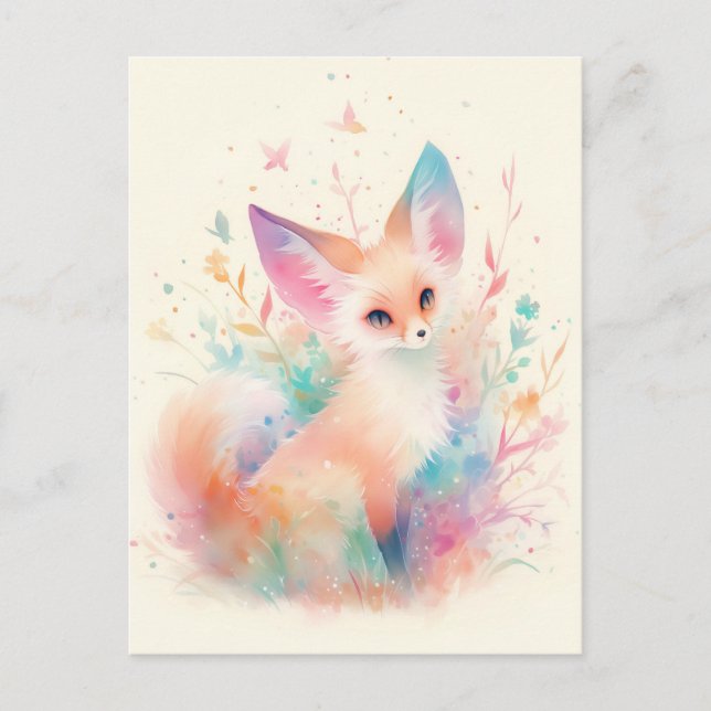 Weißer Fennek Fuchs mit Pastell-Regenbogen-Ohr Postkarte (Vorderseite)