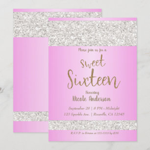 Weißer Glitter Glanz Rosa Süße 16 Sechzehn Party Einladung