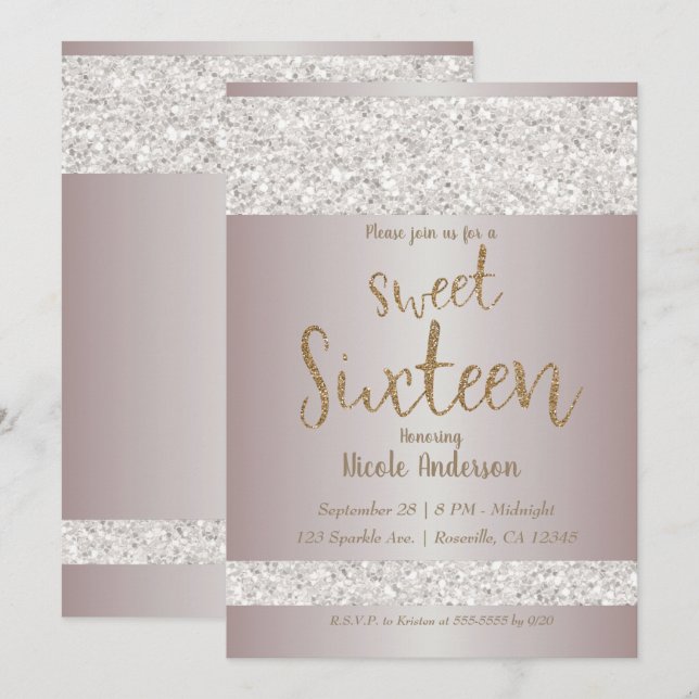 Weißer Glitzer Sparkle Blush Pink Sweet 16 Sechzeh Einladung (Vorne/Hinten)