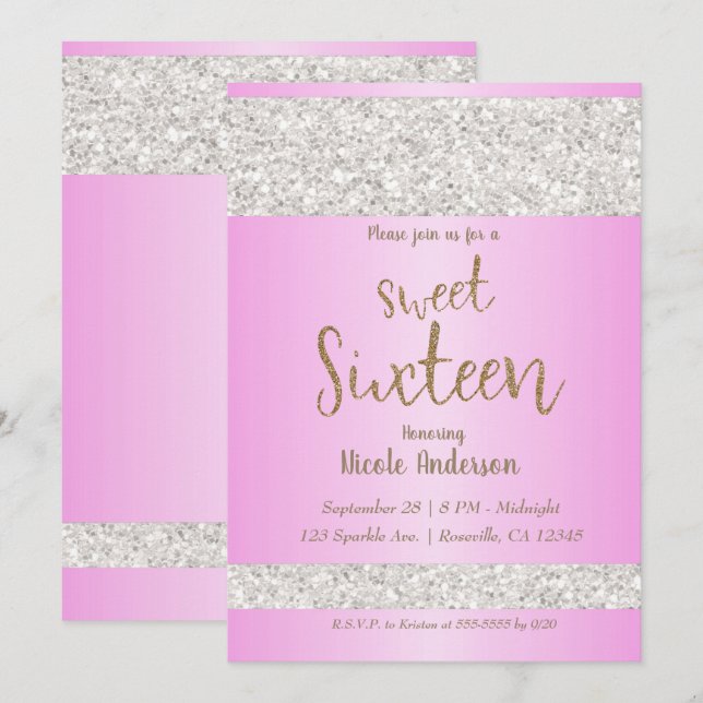 Weißer Glitzer Sparkle Pink Sweet 16 Sechzehn Part Einladung (Vorne/Hinten)