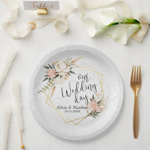 Weißer Glitzer und Pfirsichfarben Pappteller