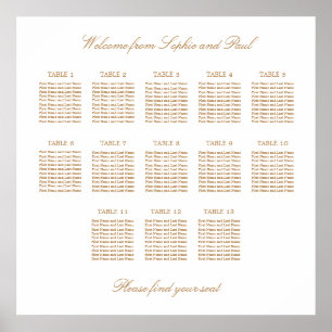 Weißer Goldener Beige 13 Tisch Hochzeit Sitzplan Poster