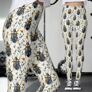 Weißer Goldener Botanischer Blauer Käfer Leggings