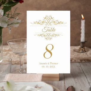 Weißer, goldfarbener Hochzeitstisch Tischnummer