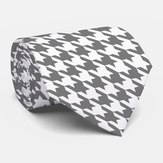 Weißer Gray Pied de Poule Houndstooth Krawatte (Gerollt)