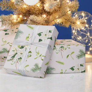 Weißer grüner floral illustrierter Weihnachten Geschenkpapier