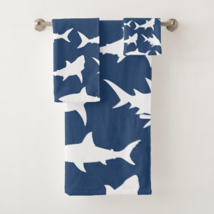 Weißer Haifisch-Silhouetten u. Ozean-Blau Badhandtuch Set
