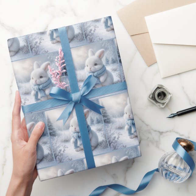 Weißer Hase mit Winterskarte Geschenkpapier (Schenken)