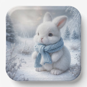 Weißer Hase mit Winterskarte Pappteller