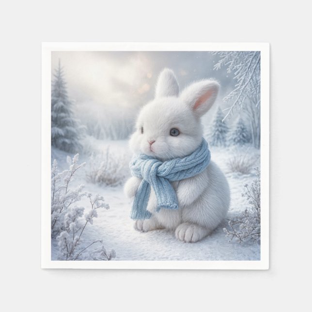 Weißer Hase mit Winterskarte Serviette (Vorderseite)
