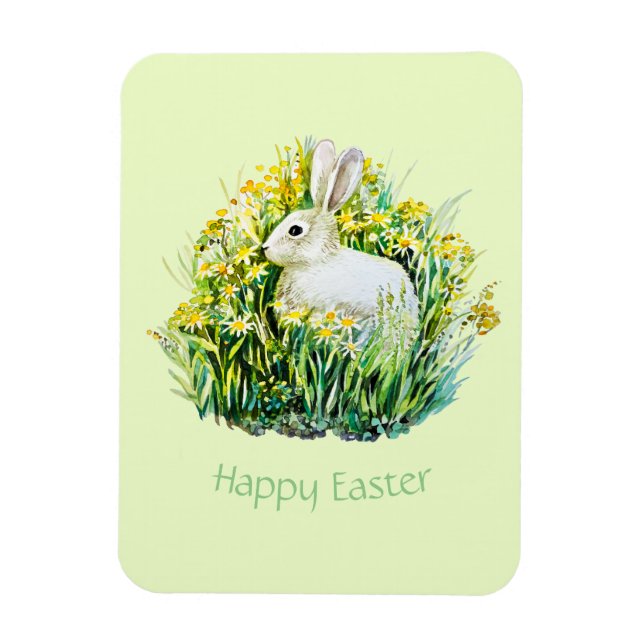 Weißer Hase und Blume, Ostern Magnet (Vertikal)