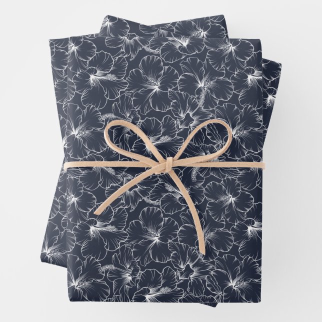Weißer Hibiskus Floral auf Navy Blue Geschenkpapier Set (Beispiel)