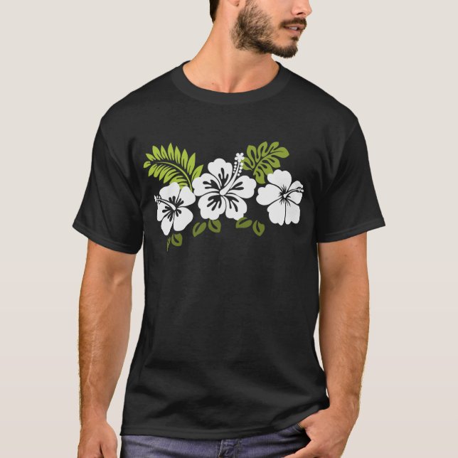 Weißer Hibiskus und Blätter T-Shirt (Vorderseite)