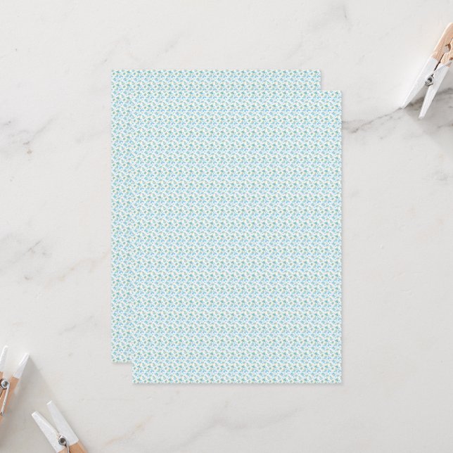 weißer Hintergrund mit blauen Blumen und grünem Le Einladung (Vorderseite/Rückseite Beispiel)