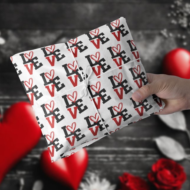 Weißer Hintergrund mit Rot-Schwarz-LIEBE Valentine Seidenpapier (White Background with Red & Black LOVE Valentine’ Tissue Paper)