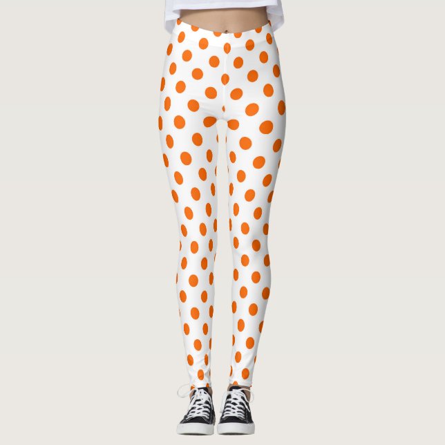 Weißer Hintergrund Orange Polka Dots Leggings (Vorderseite)