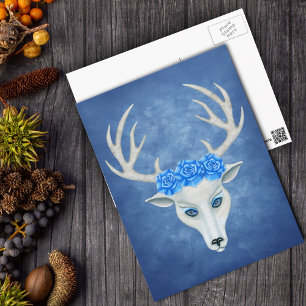 Weißer Hirschkopf mit antlers blauen Rose Postkarte