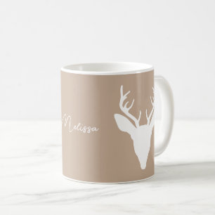 Weißer Hirschkopf-Silhouette auf Beige & benutzerd Kaffeetasse