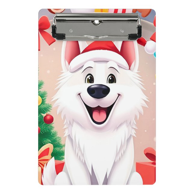 Weißer Hund in Weihnachtsmannmütze Mini Klemmbrett (Vorderseite)