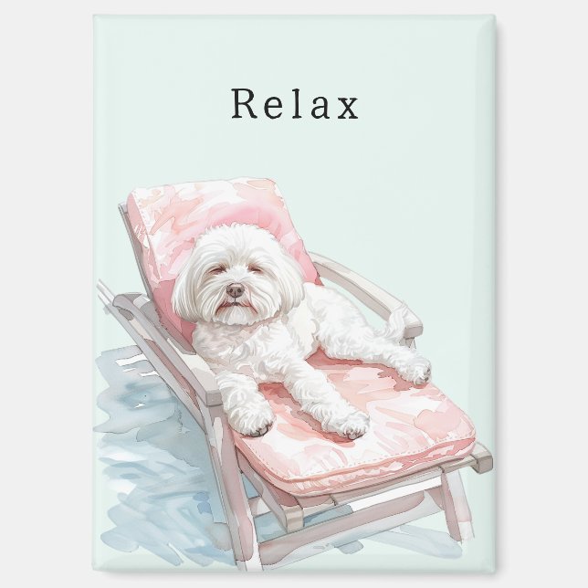 Weißer Hund Rosa Liegestuhl Magnet (Vorderseite)