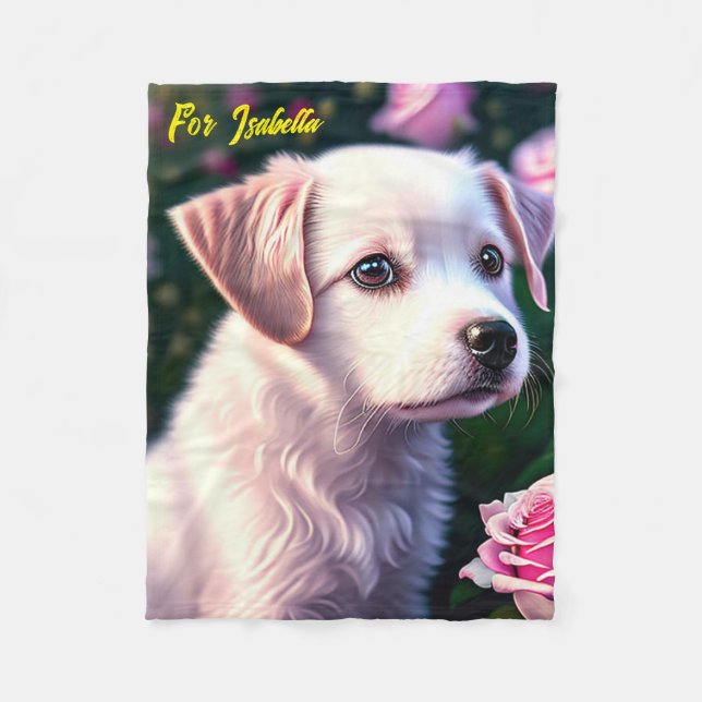 Weißer Hund und Rose Fleece Blankon (Vorderseite)