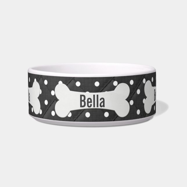 Weißer Hundknochen auf Polka-Punkten Napf (Vorderseite)