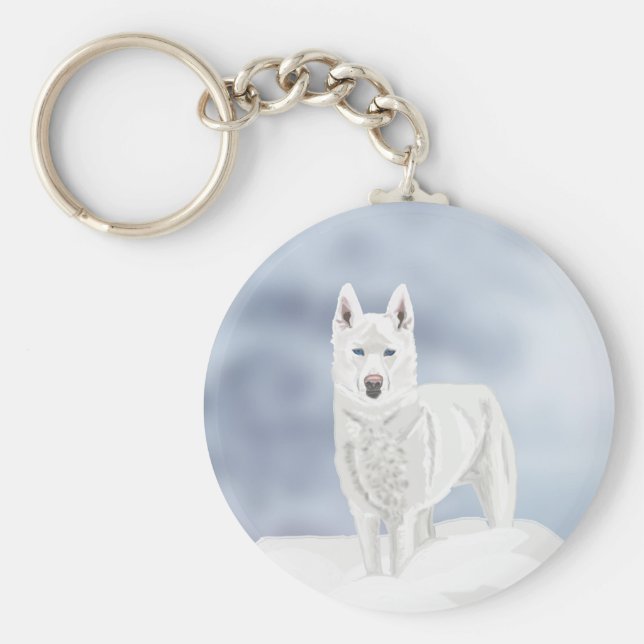 Weißer Husky gegen Schneeszene Schlüsselanhänger (Vorne)
