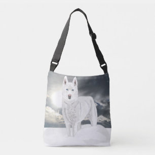 Weißer Husky im Schnee Tragetaschen Mit Langen Trägern