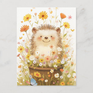 Weißer Igel in Blumentopf mit gelber Margerite Postkarte