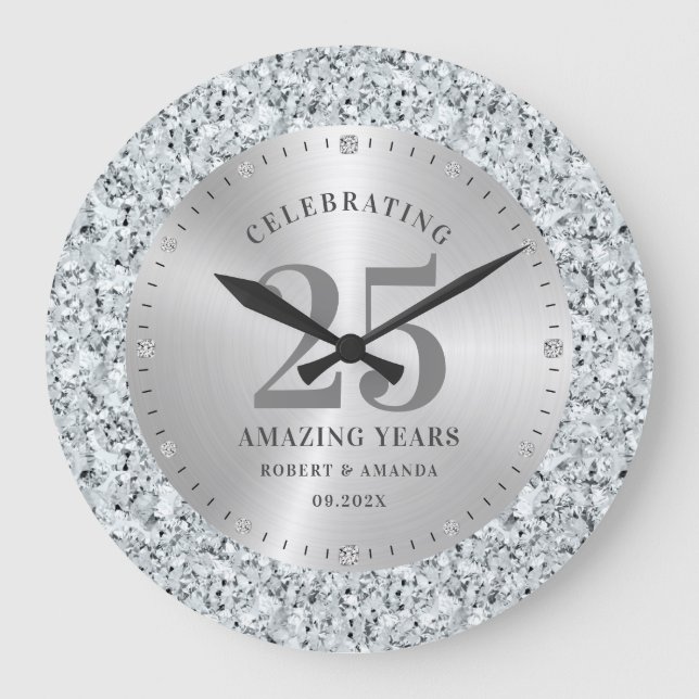 Weißer Imitat Diamanten 25. Geburtstag Große Wanduhr (Vorderseite)