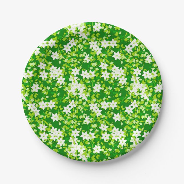 Weißer Jasmin unter grünen Blätter Pappteller (Vorderseite)