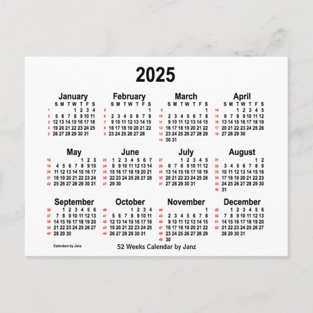 Weißer Kalender 2025 - 52 Wochen von Janz Postkarte (Vorderseite)