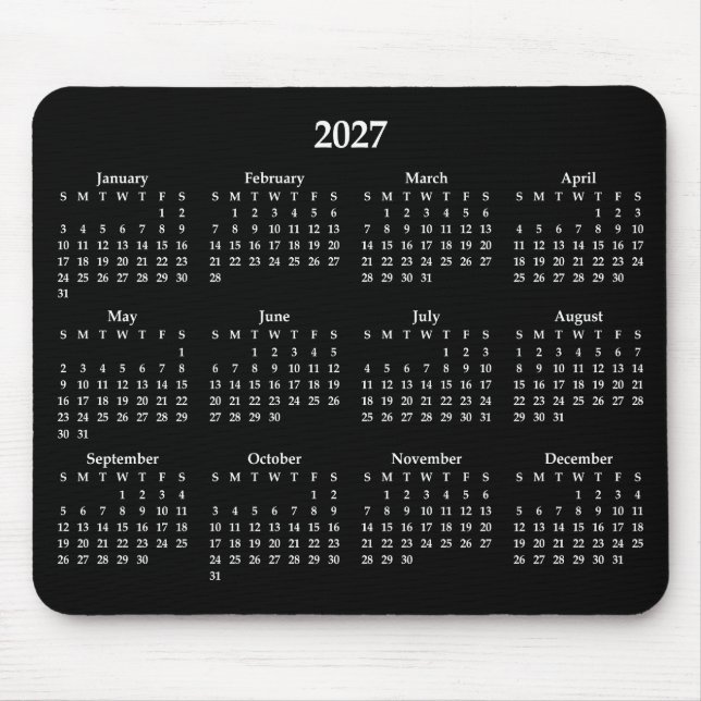 Weißer Kalender 2027 auf Schwarz Mousepad (Vorne)