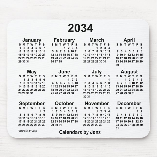 Weißer Kalender 2034 von Janz Mouse Pad Mousepad (Vorne)