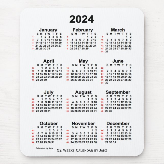 Weißer Kalender der 52 Wochen 2024 von Janz Mousepad (Vorne)