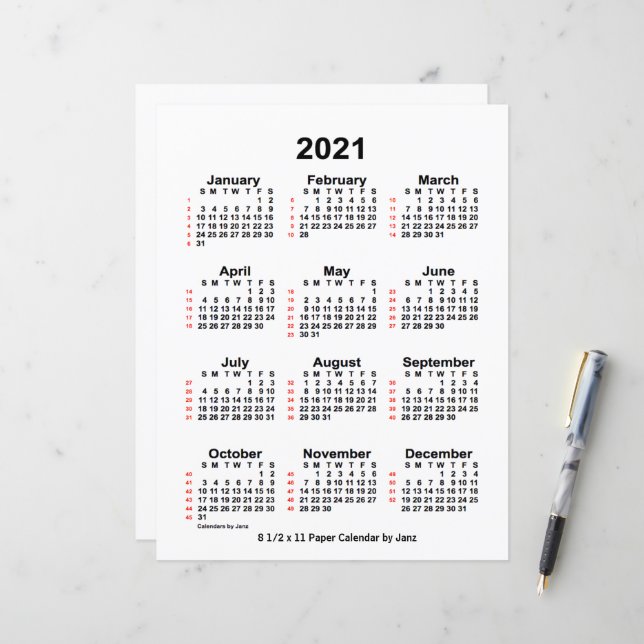 Weißer Kalender der 52-wöchigen Woche 2021 - Veröf (Vorderseite/Rückseite Beispiel)