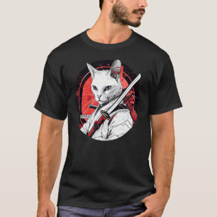 Weißer Katze Samurai Lustiger Haustier Krieger T-Shirt