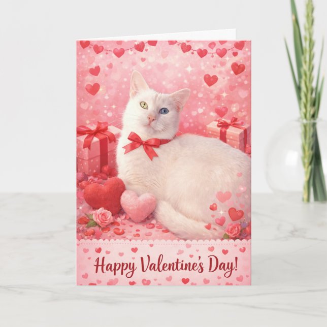 Weißer Katzen Valentinstag Herzen Karte (Vorderseite)