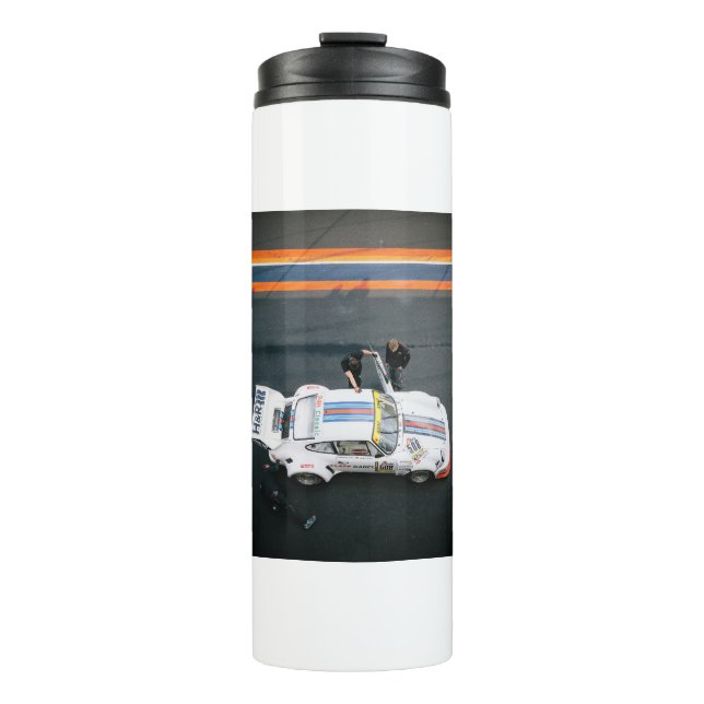 Weißer klassischer Rennwagen Thermosbecher (Vorderseite)