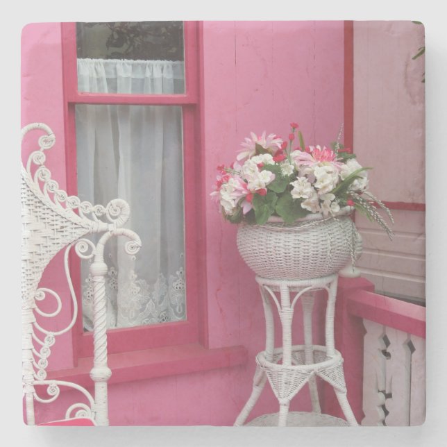 Weißer Korb auf Rosa - Martha's Vineyard Steinuntersetzer (Vorderseite)