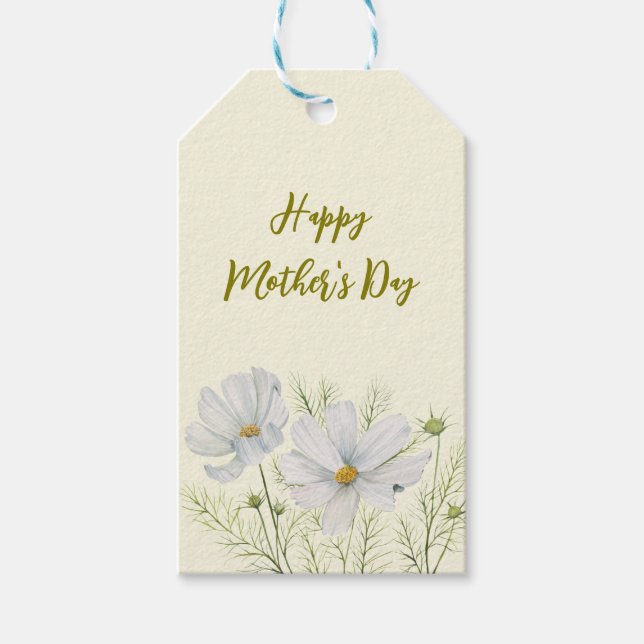 Weißer Kosmos Blume Muttertag Wasserfarbe Geschenkanhänger (Vorderseite)