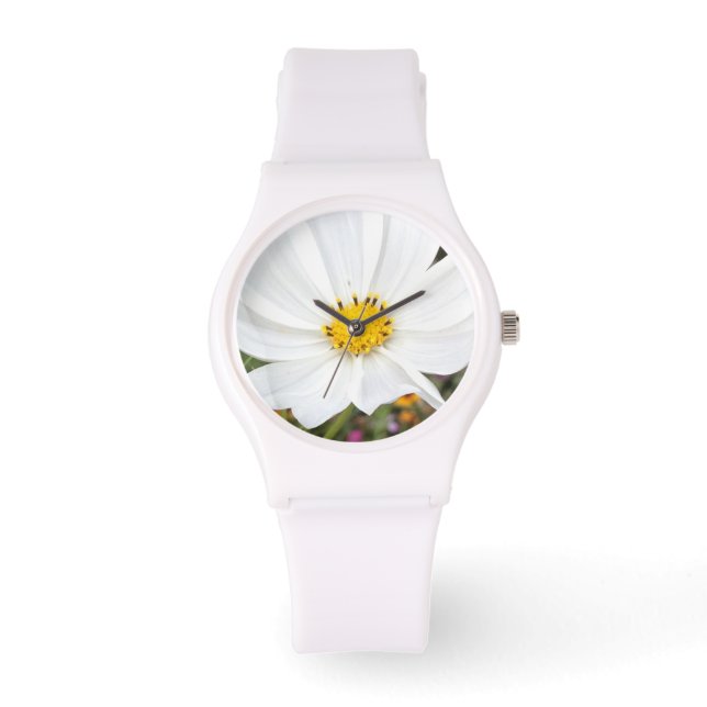 Weißer Kosmos Blumengarten Frauenwache Armbanduhr (Vorderseite)