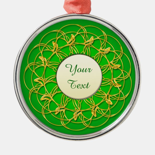 Weißer Kreis mit goldgelbem Rand und grünem Text Ornament Aus Metall (Vorne)