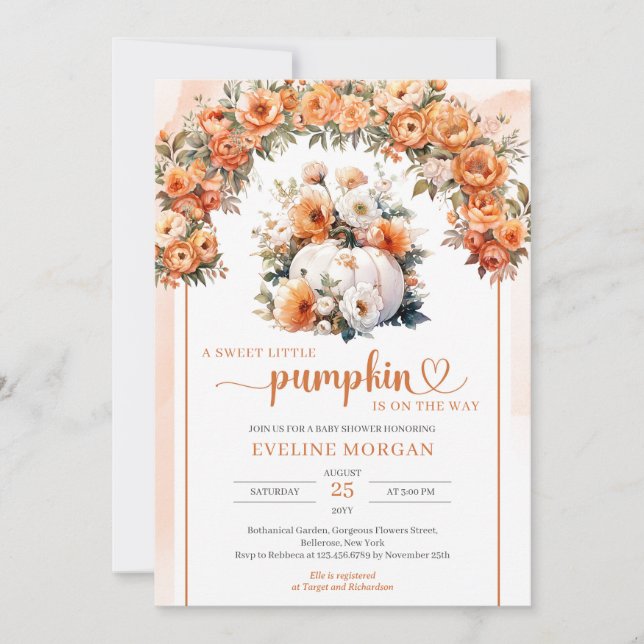 Weißer Kürbis Herbstblumensturz Einladung (Vorderseite)