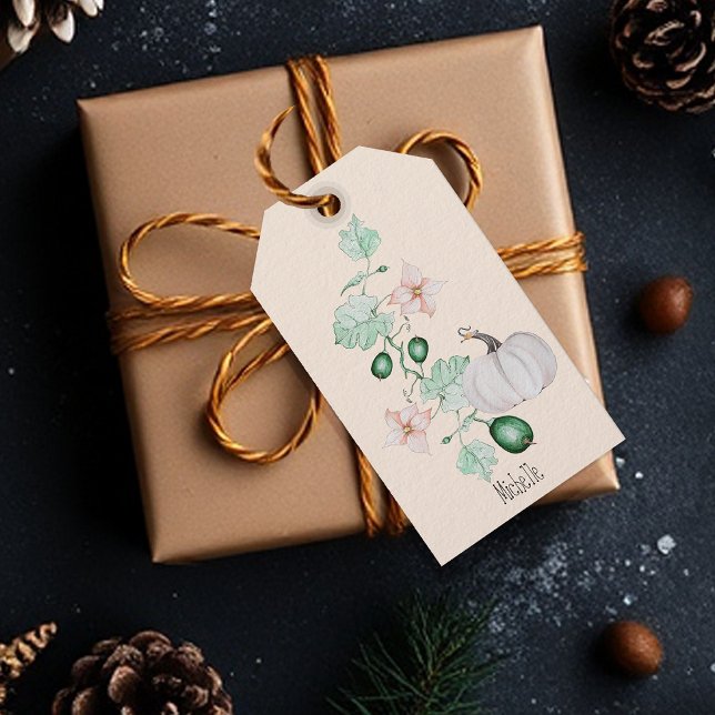 Weißer Kürbis und Blume Wasserfarben Kunst und Kul Geschenkanhänger (Von Creator hochgeladen)