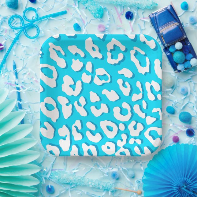 Weißer Leopard Print Light Blue Pappteller (Party)
