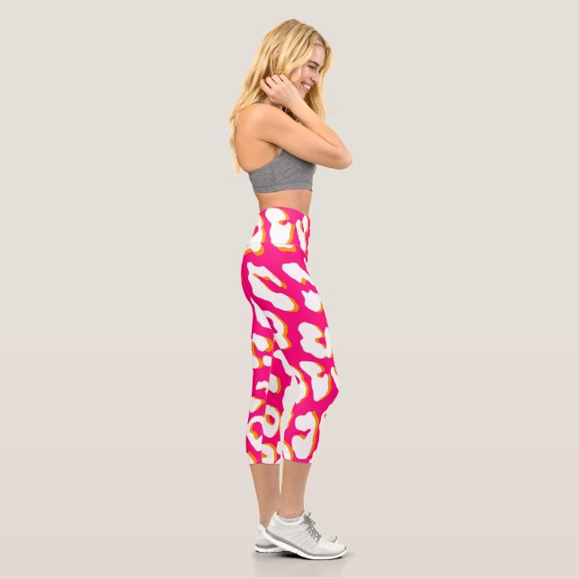 Weißer Leopard Print Pink Orange Capri Leggings (Rechts)
