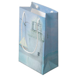 Weißer Leuchtturm mit Segelboot Kleine Geschenktüte